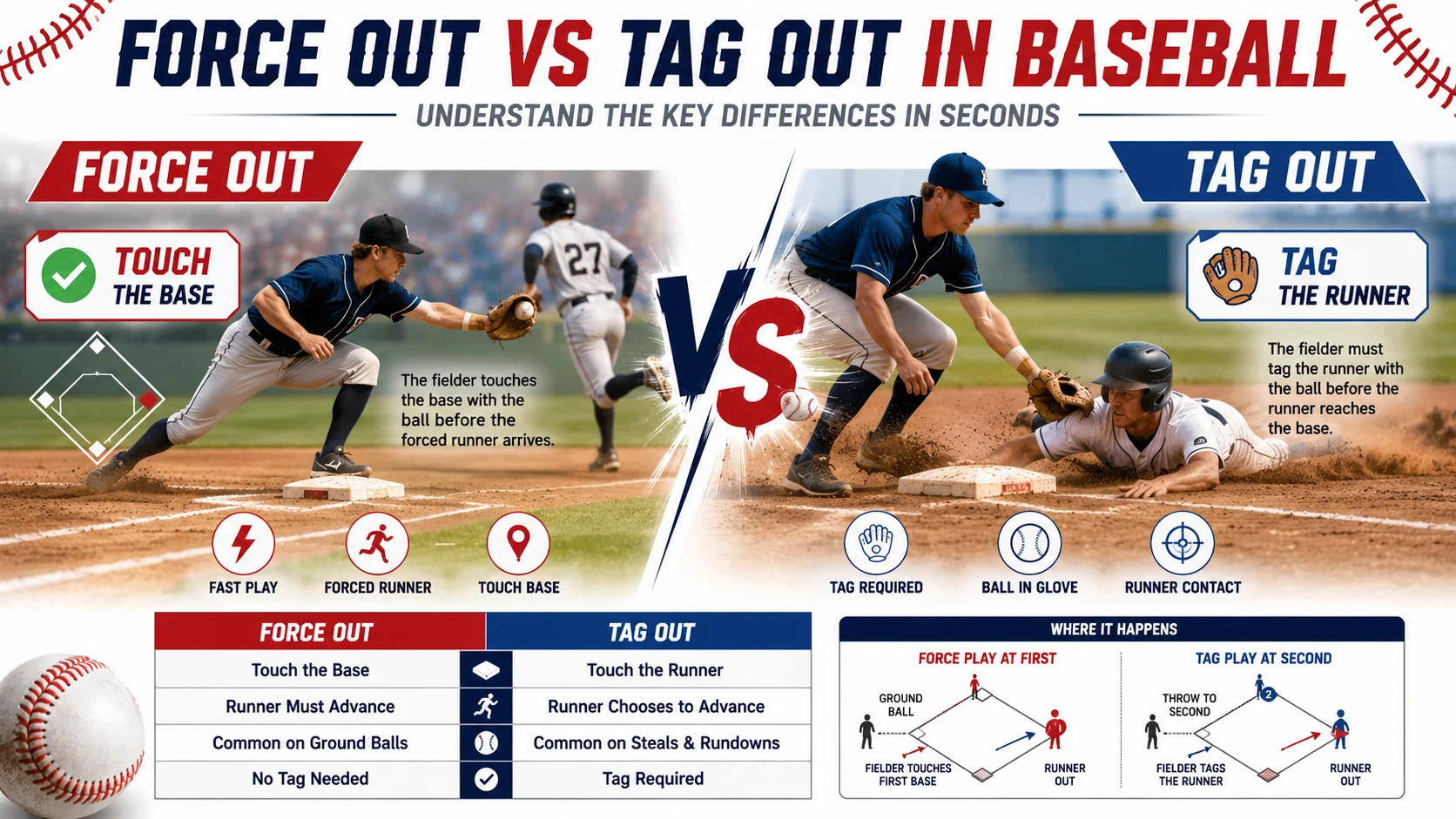Force Out vs Tag Out in Baseball